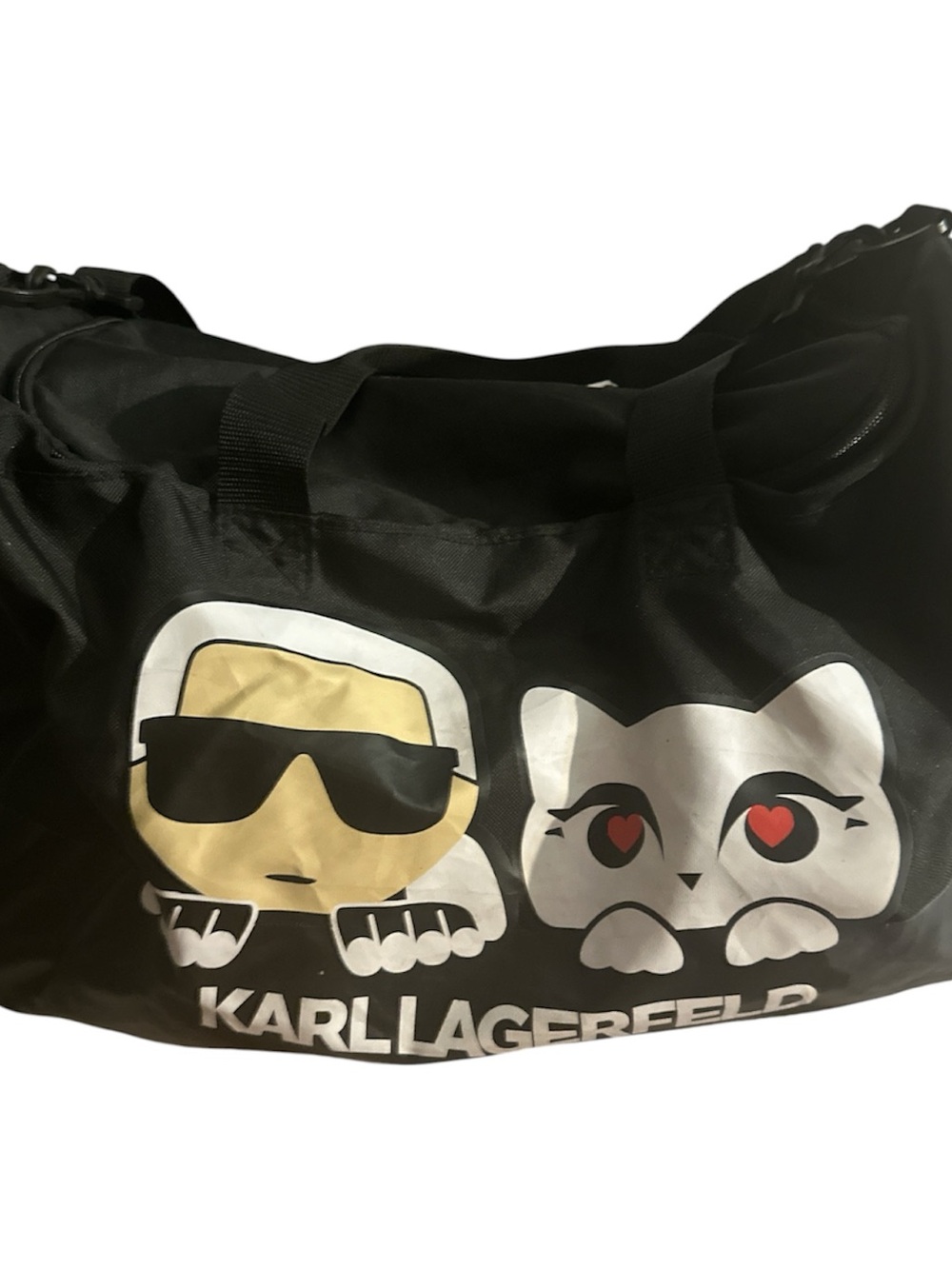 Karl Lagerfeld Black Travel Tote with Graphic Faces rem adjustable strap and top